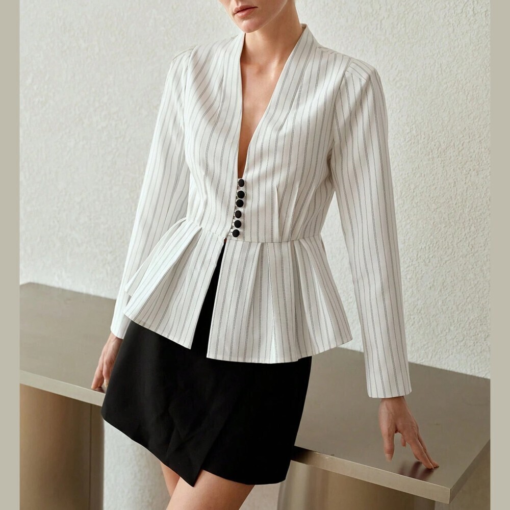White Pinstripe Peplum Lightweight Blazer with Contrast Button Front